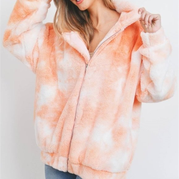 PEACH Tie Dye Zip Down Teddy Coat - Picture 3 of 7